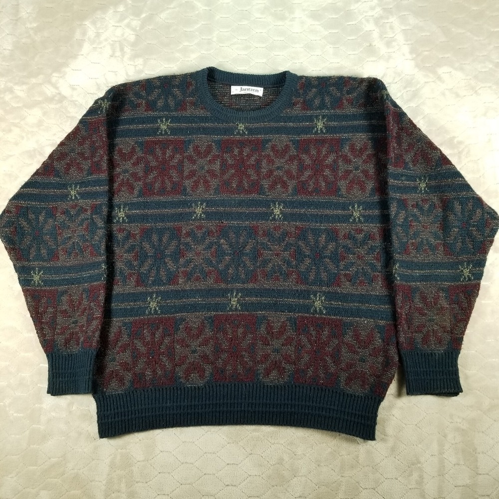 VTG 1990s Jantzen Patterned Knit Grandpa Sweater Sz XL Pullover USA Made